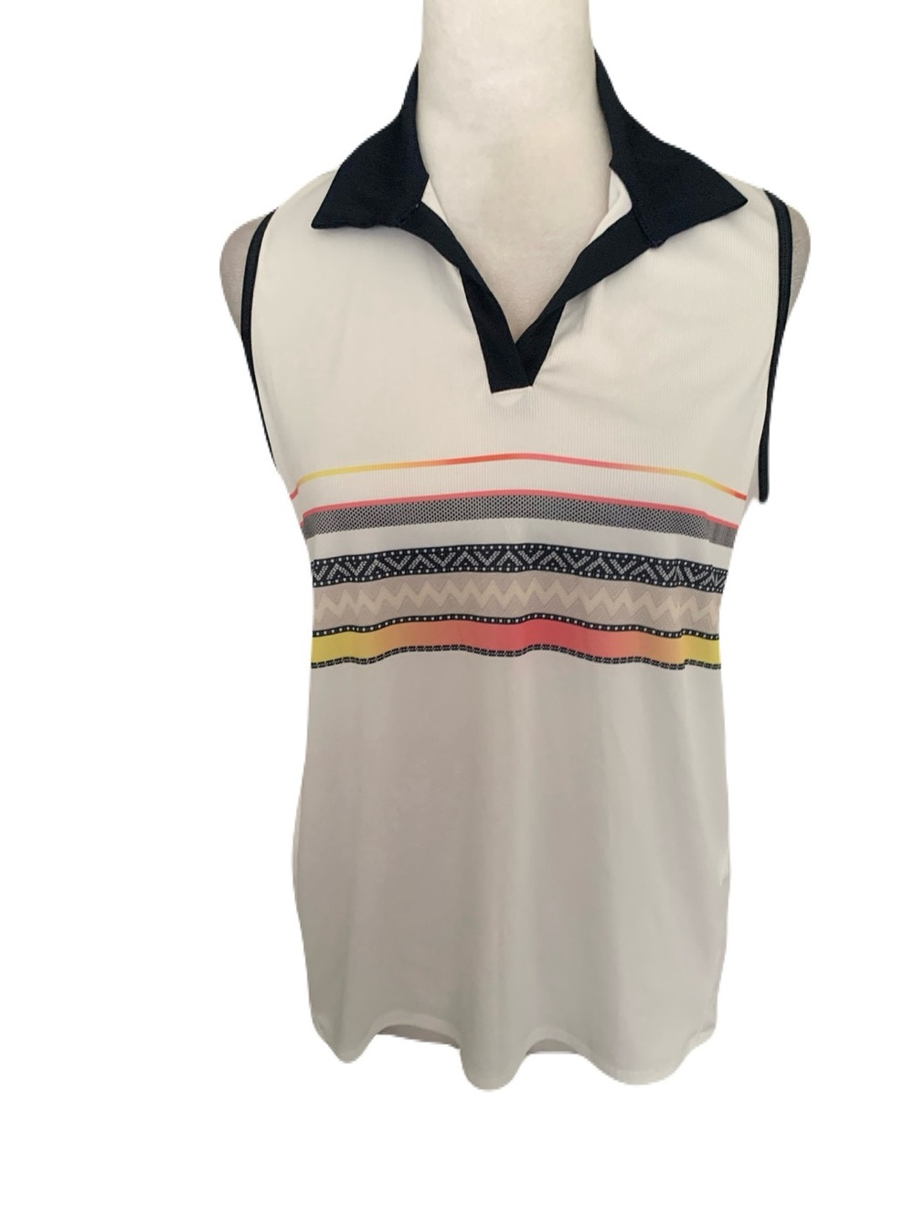 NWT Lucky in Love Medium White Sleeveless Polo Collared Tank Multicolor Striped
